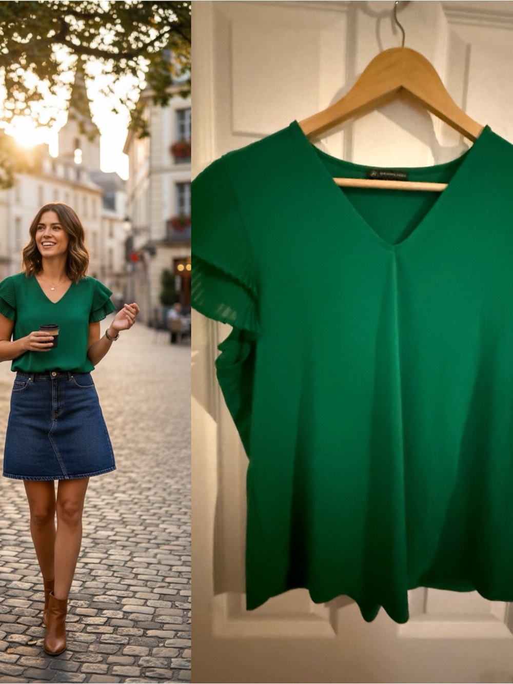 Adrianna Papell Green V-Neck Pleated Flutter Sleeve Blouse Size Large